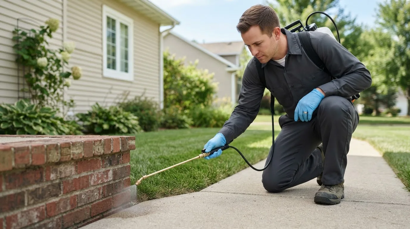 Pest control technician treating a home near Southwest Harbor, ME